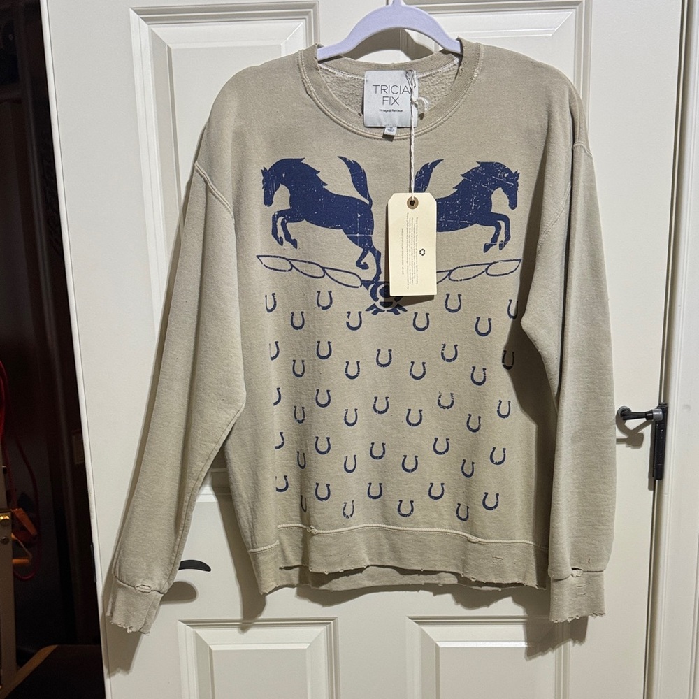 Tricia Fix Beige Sweater with Navy Horse Motif Free People NWT